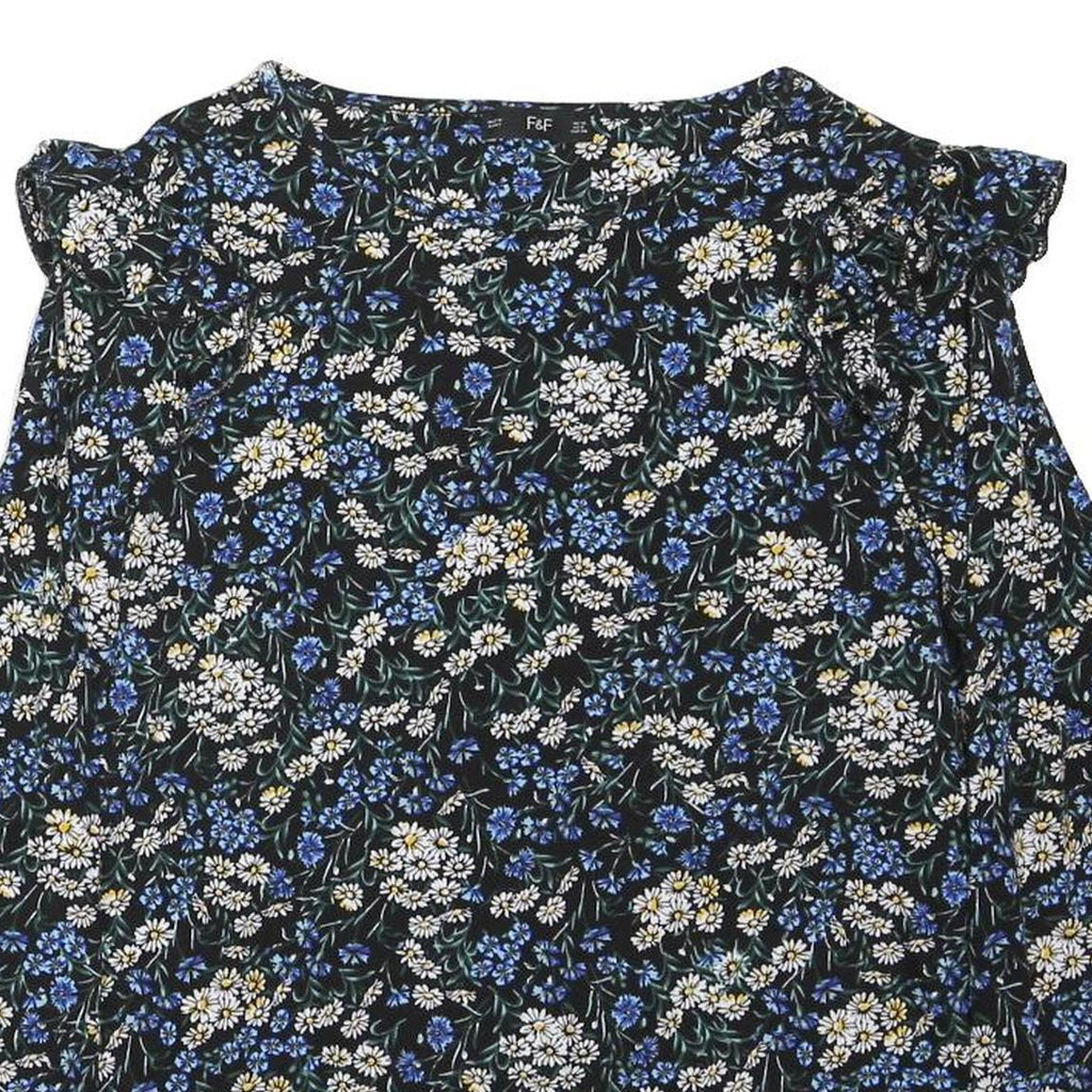 F&F Womens Black Blue Floral Print Top Long Sleeve Round Neck UK 12 Cotton Blend