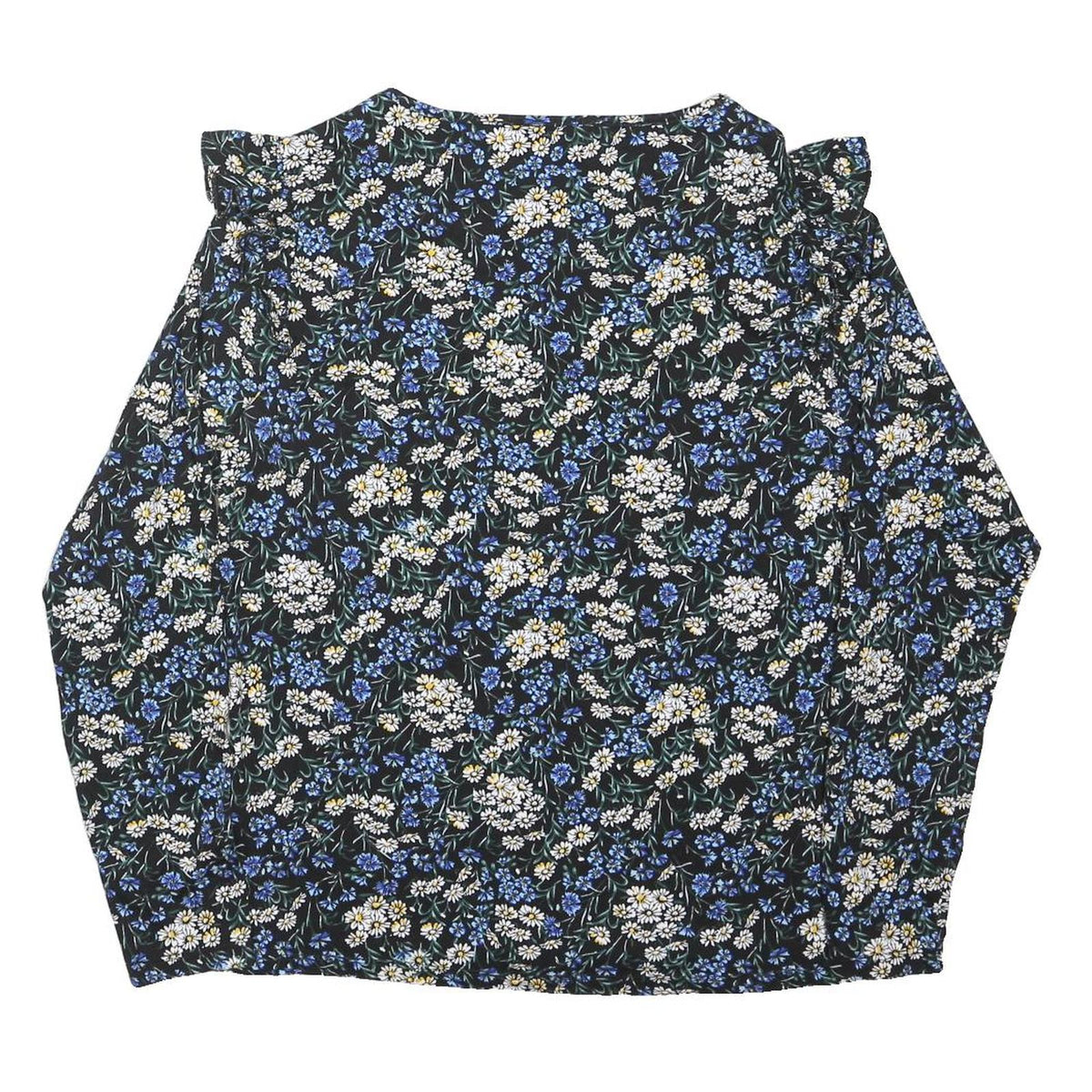 F&F Womens Black Blue Floral Print Top Long Sleeve Round Neck UK 12 Cotton Blend