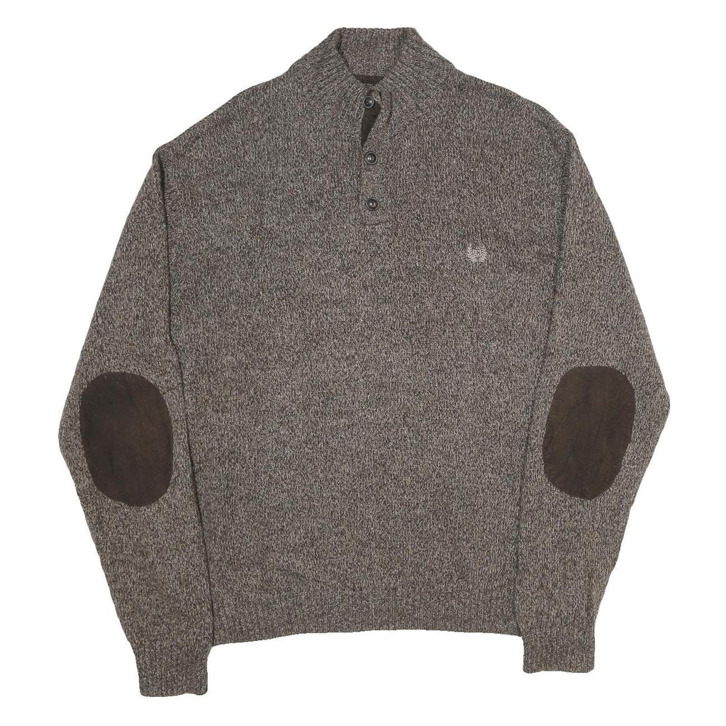 CHAPS Mens Brown Brown Button Up Plain Crew Neck Chunky Knit XL Cotton Jumper