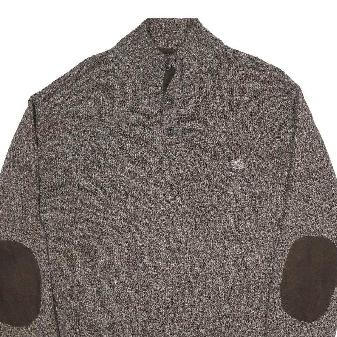 CHAPS Mens Brown Brown Button Up Plain Crew Neck Chunky Knit XL Cotton Jumper