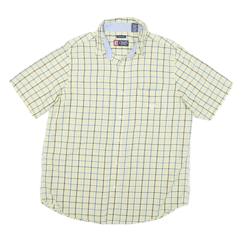 CHAPS Mens Yellow & Blue Checked Cotton Blend Short Sleeve Shirt L Casual Summer