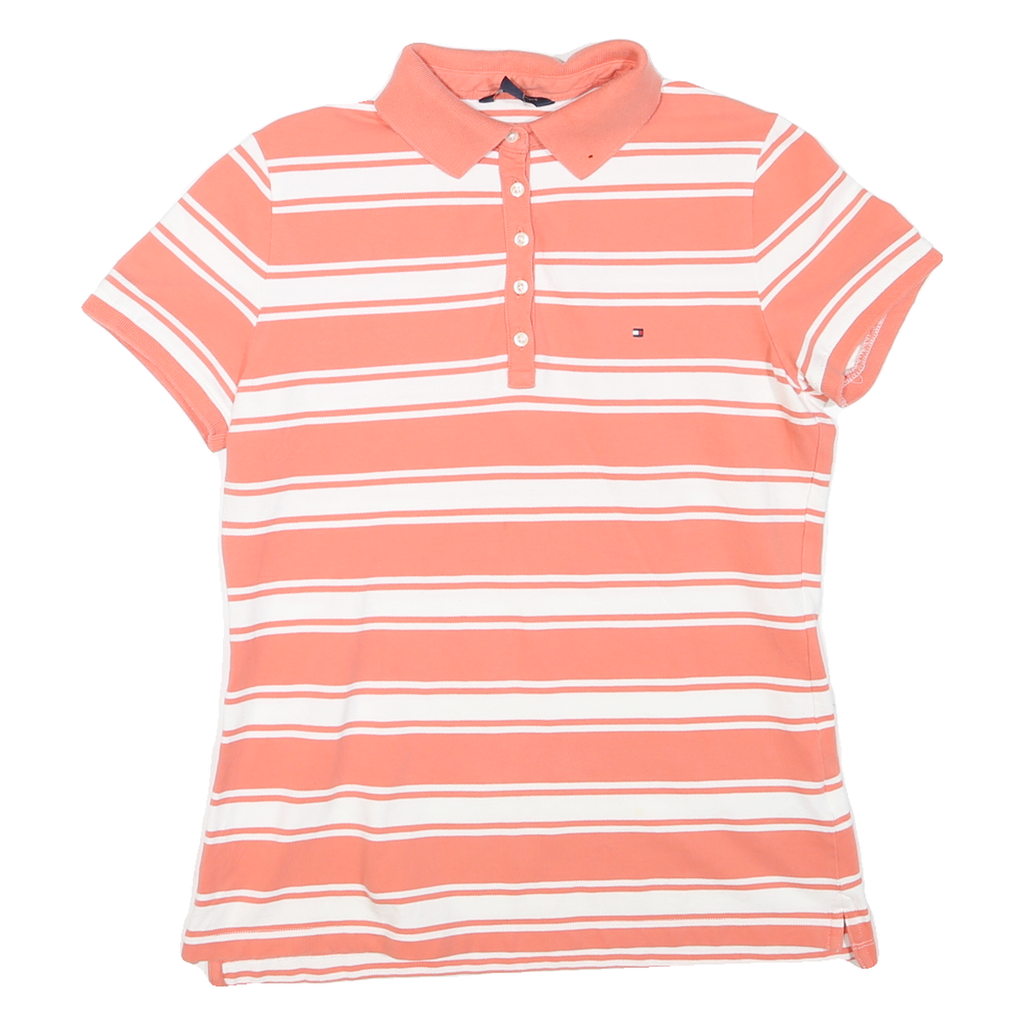 TOMMY HILFIGER Womens Coral & White Stripe Short Sleeve Polo Shirt L Casual