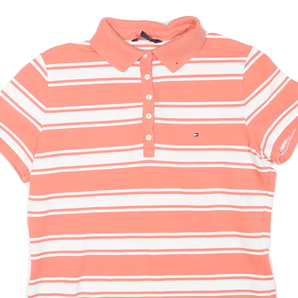 TOMMY HILFIGER Womens Coral & White Stripe Short Sleeve Polo Shirt L Casual