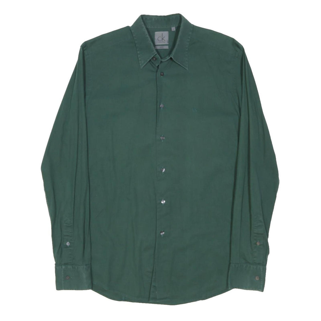 CALVIN KLEIN Mens Green Plain Shirt S Cotton Blend Long Sleeve Button Collar