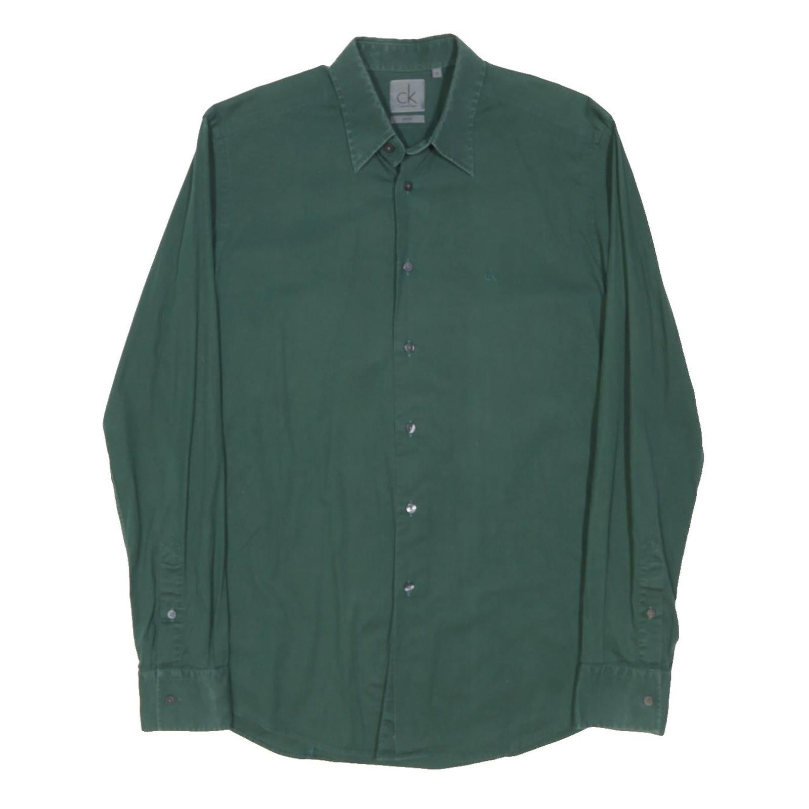 CALVIN KLEIN Mens Green Plain Shirt S Cotton Blend Long Sleeve Button Collar