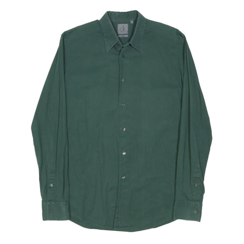 CALVIN KLEIN Mens Green Plain Shirt S Cotton Blend Long Sleeve Button Collar