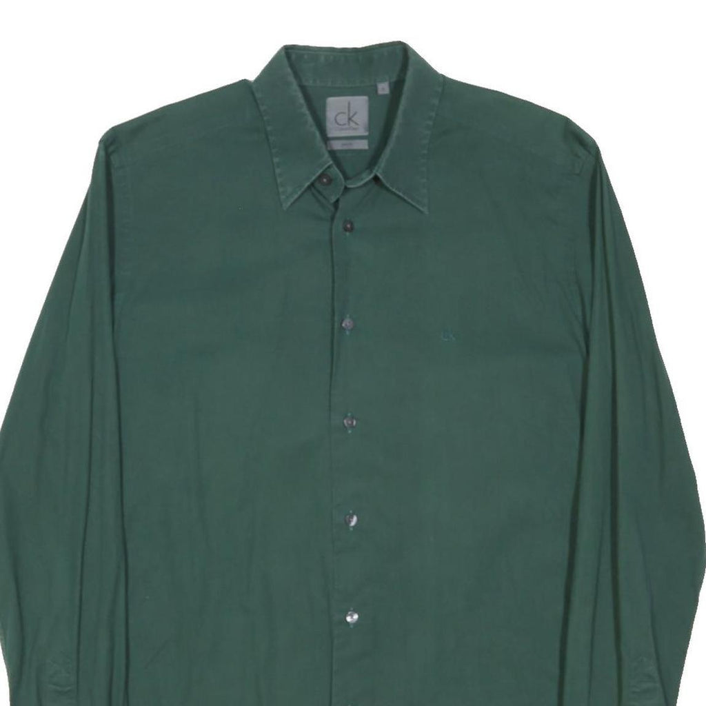 CALVIN KLEIN Mens Green Plain Shirt S Cotton Blend Long Sleeve Button Collar