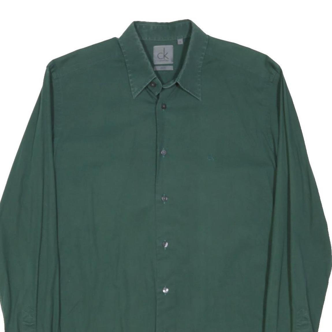 CALVIN KLEIN Mens Green Plain Shirt S Cotton Blend Long Sleeve Button Collar