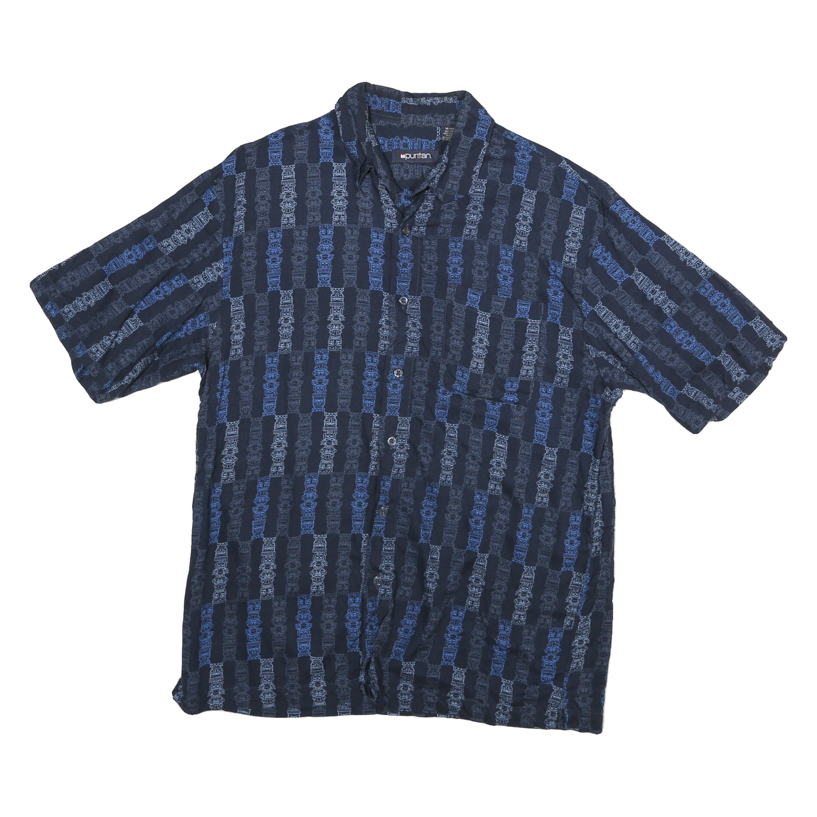 PURITAN Mens Navy Blue Patterned Rayon Shirt M Casual Button Up