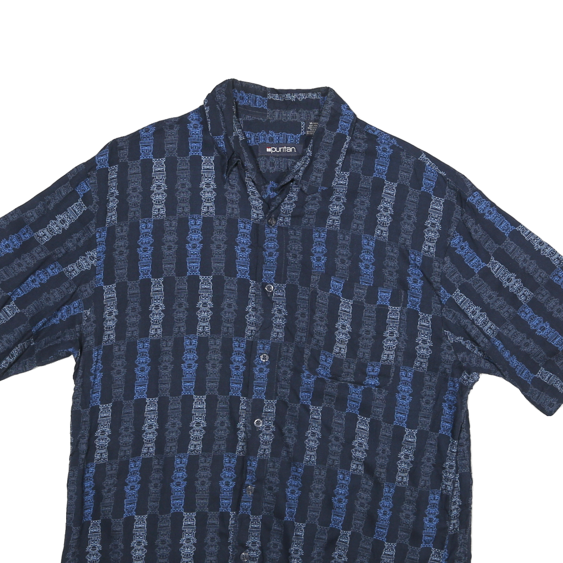 PURITAN Mens Navy Blue Patterned Rayon Shirt M Casual Button Up