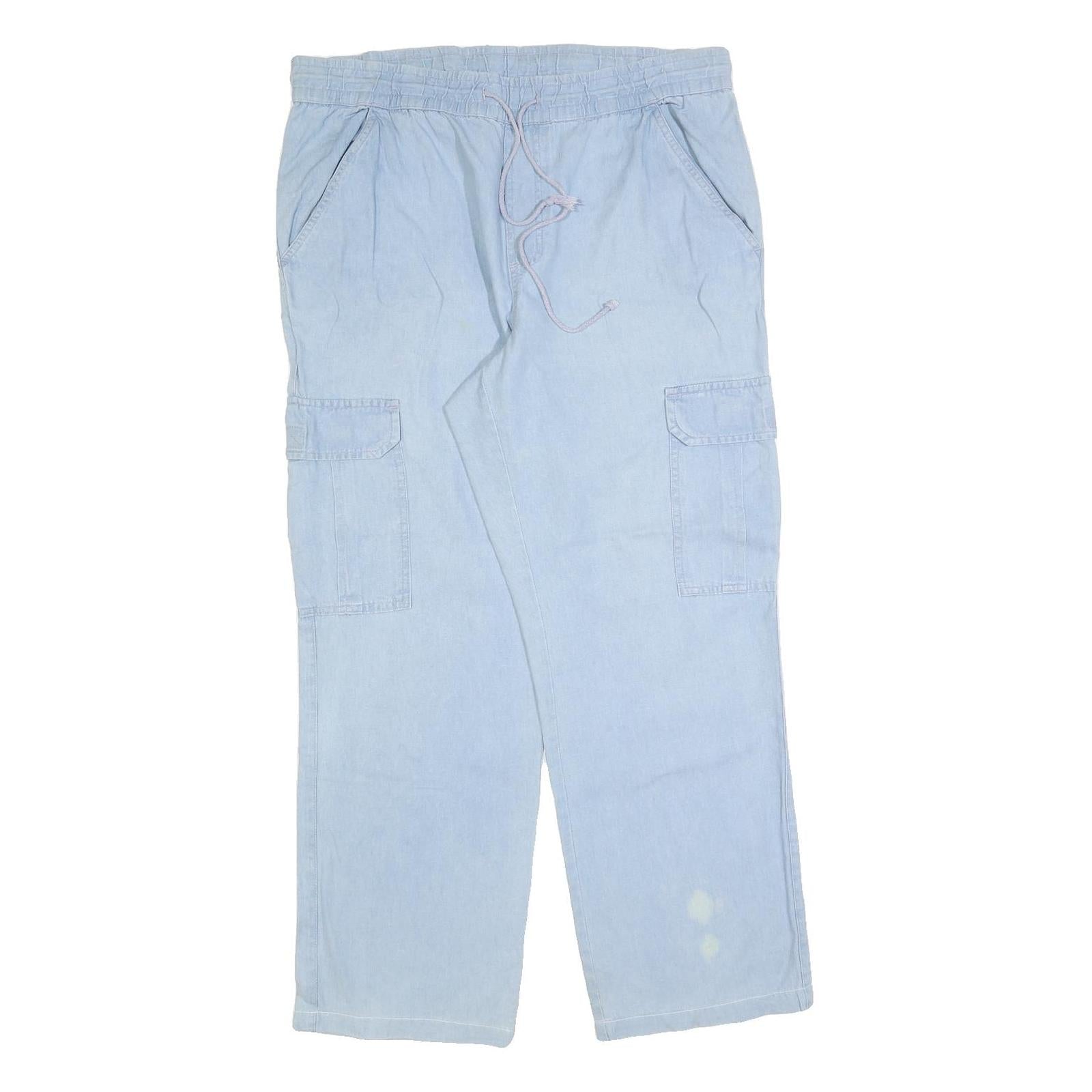 Womens Relaxed Light Blue Cotton Blend Trousers W40 L30 Cargo Drawstring Waist