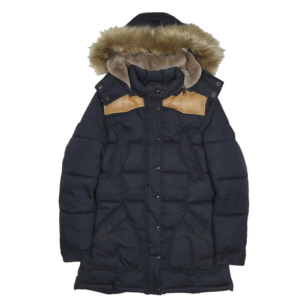 SCHOTT Womens Black & Tan Puffer Jacket S Polyester Blend Fur Hooded Warm Winter