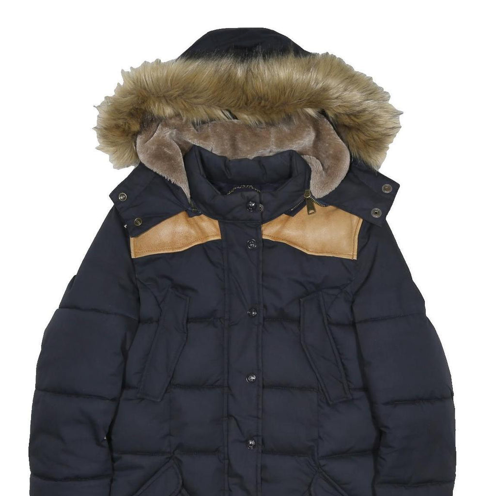 SCHOTT Womens Black & Tan Puffer Jacket S Polyester Blend Fur Hooded Warm Winter