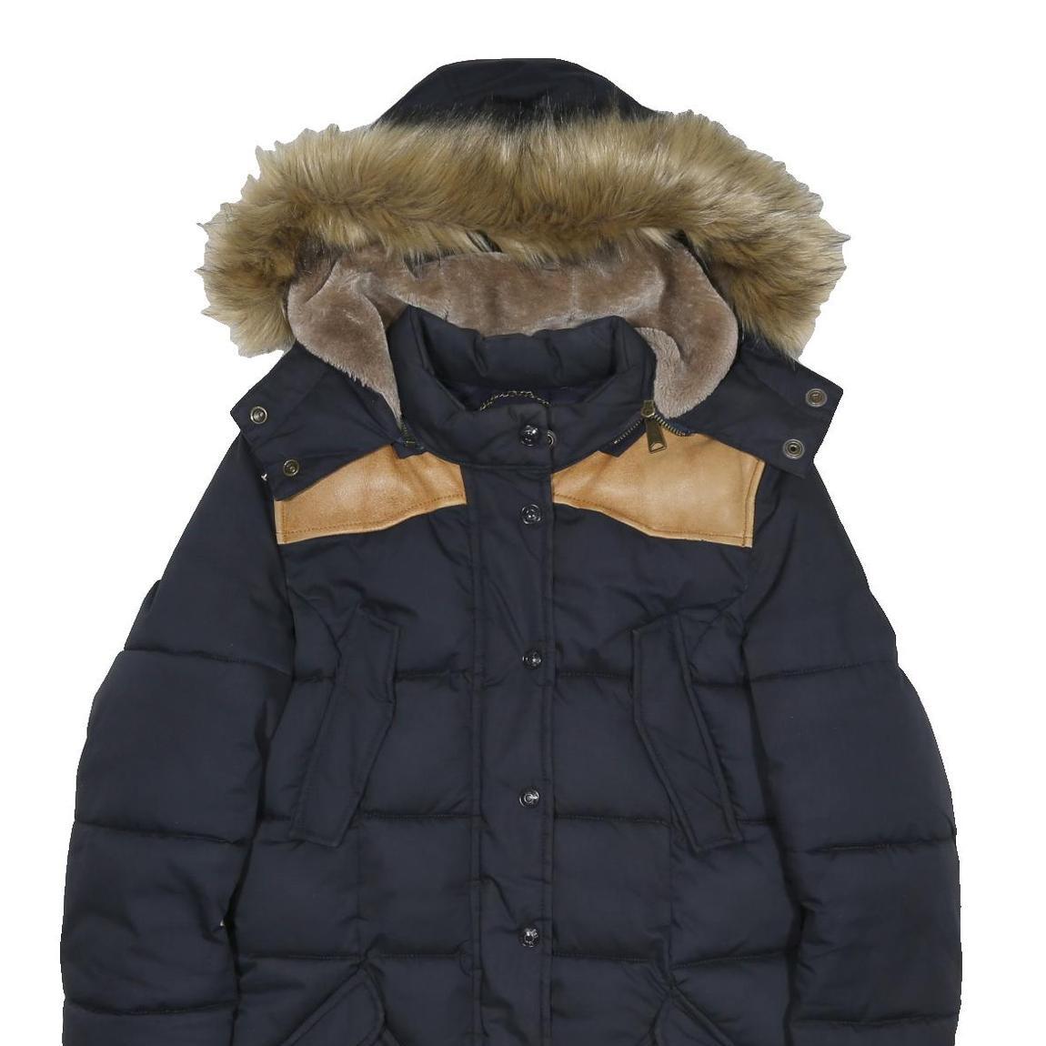 SCHOTT Womens Black & Tan Puffer Jacket S Polyester Blend Fur Hooded Warm Winter