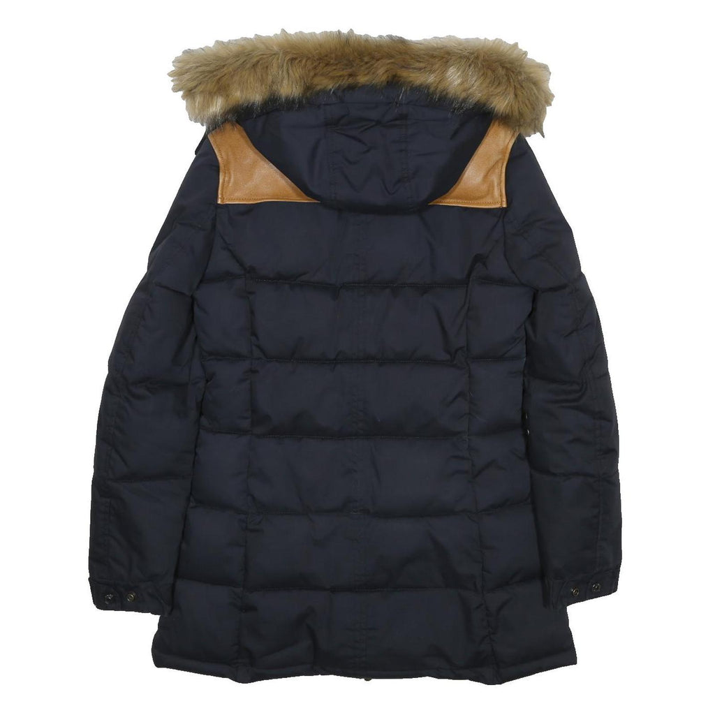 SCHOTT Womens Black & Tan Puffer Jacket S Polyester Blend Fur Hooded Warm Winter