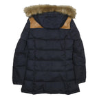 SCHOTT Womens Black & Tan Puffer Jacket S Polyester Blend Fur Hooded Warm Winter