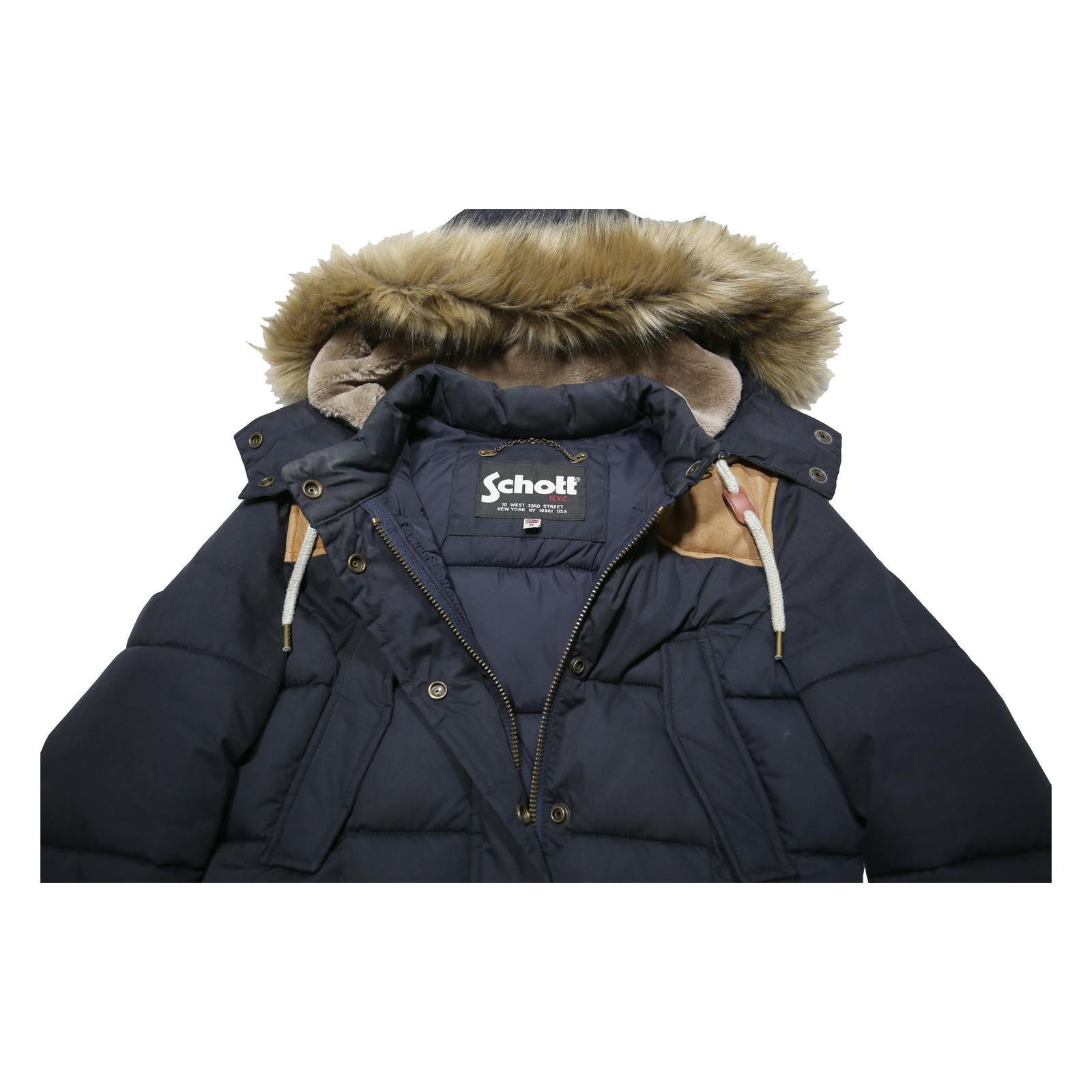 SCHOTT Womens Black & Tan Puffer Jacket S Polyester Blend Fur Hooded Warm Winter