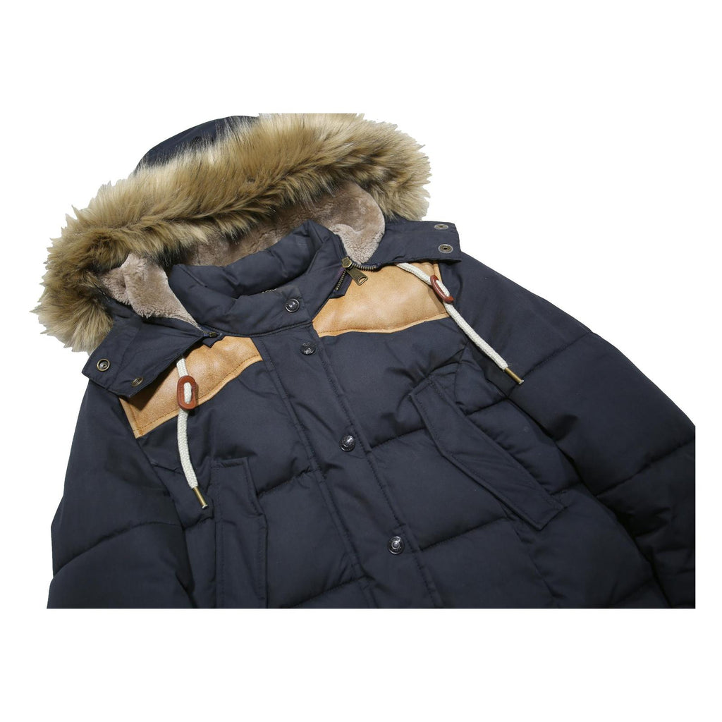 SCHOTT Womens Black & Tan Puffer Jacket S Polyester Blend Fur Hooded Warm Winter