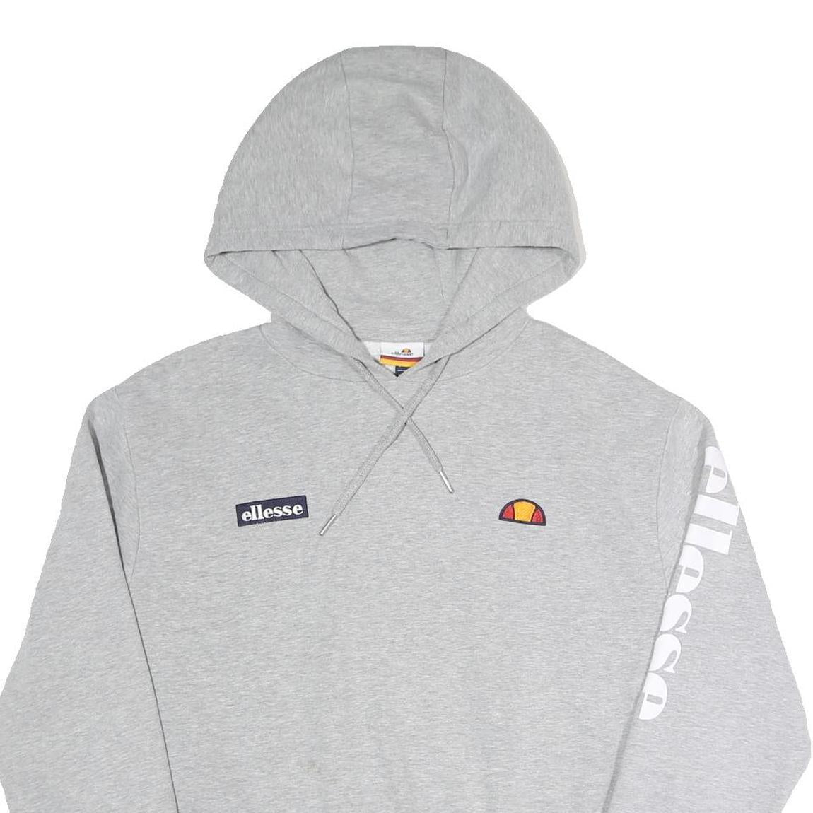 ELLESSE Womens Grey Hoodie UK 12 Cotton Blend Pullover Logo Print Cropped
