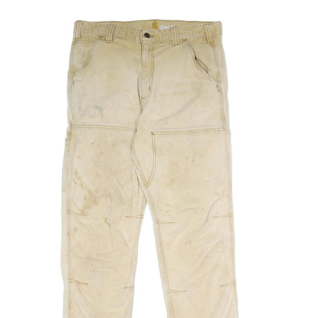 CARHARTT Mens Relaxed Beige Cotton Blend Trousers W32 L34 Workwear Utility Zip