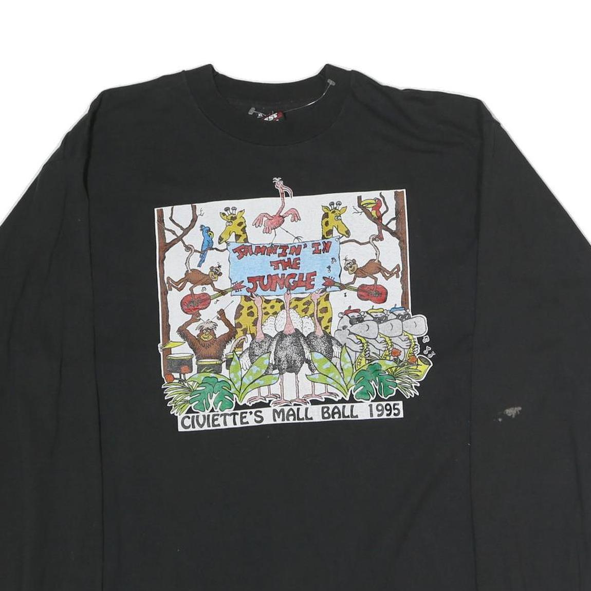 FRUIT OF THE LOOM Mens Black Graphic T-Shirt XL Long Sleeve Crew Neck Jungle