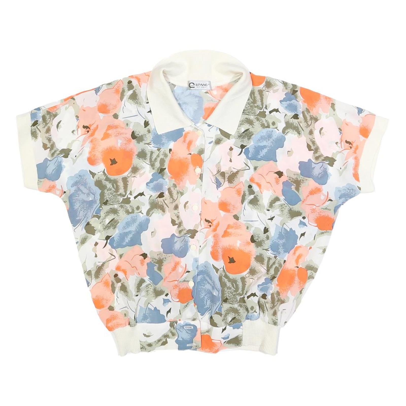 LI YANG Womens Cream & Orange Floral Printed Shirt Short Sleeve Collared M Top