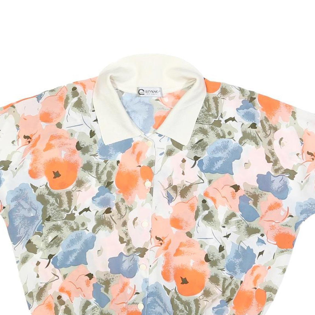 LI YANG Womens Cream & Orange Floral Printed Shirt Short Sleeve Collared M Top