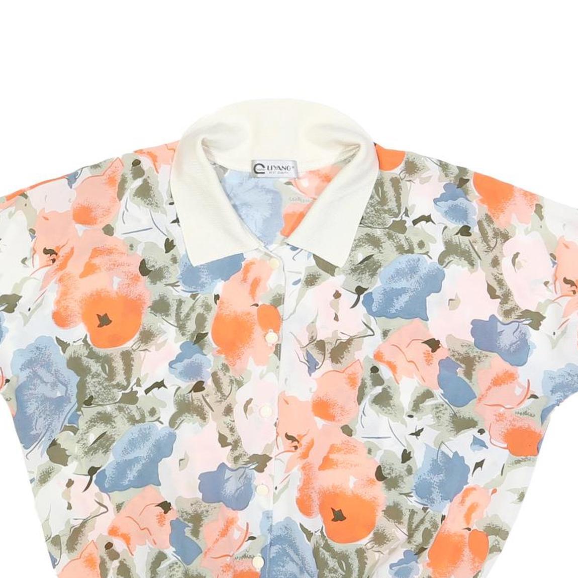 LI YANG Womens Cream & Orange Floral Printed Shirt Short Sleeve Collared M Top