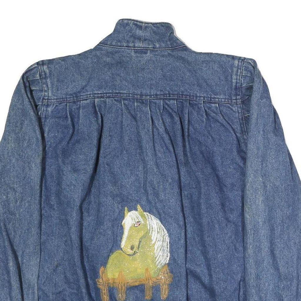 SB.II Womens Blue Denim Cotton Jacket L Button Plain Horse Graphic