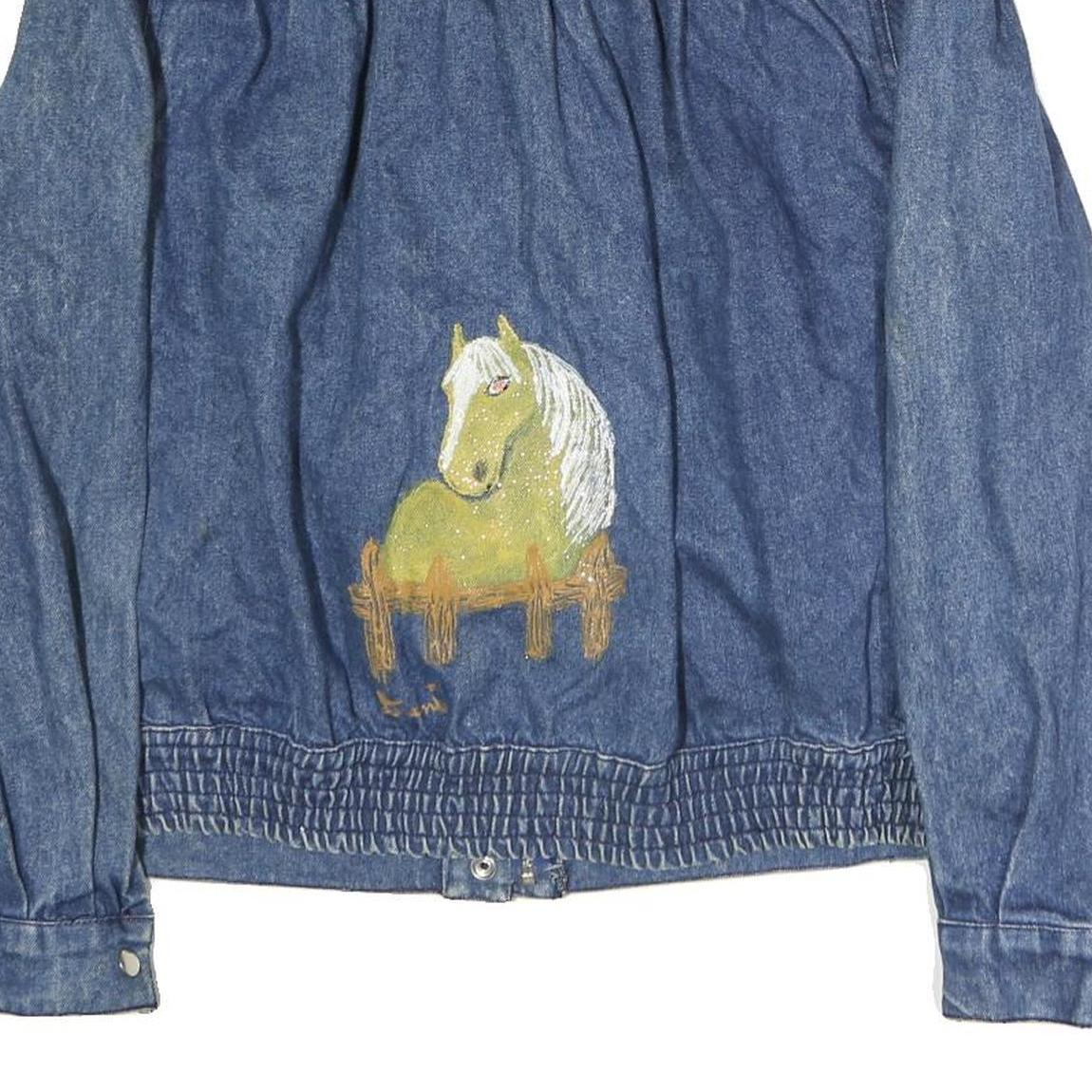 SB.II Womens Blue Denim Cotton Jacket L Button Plain Horse Graphic