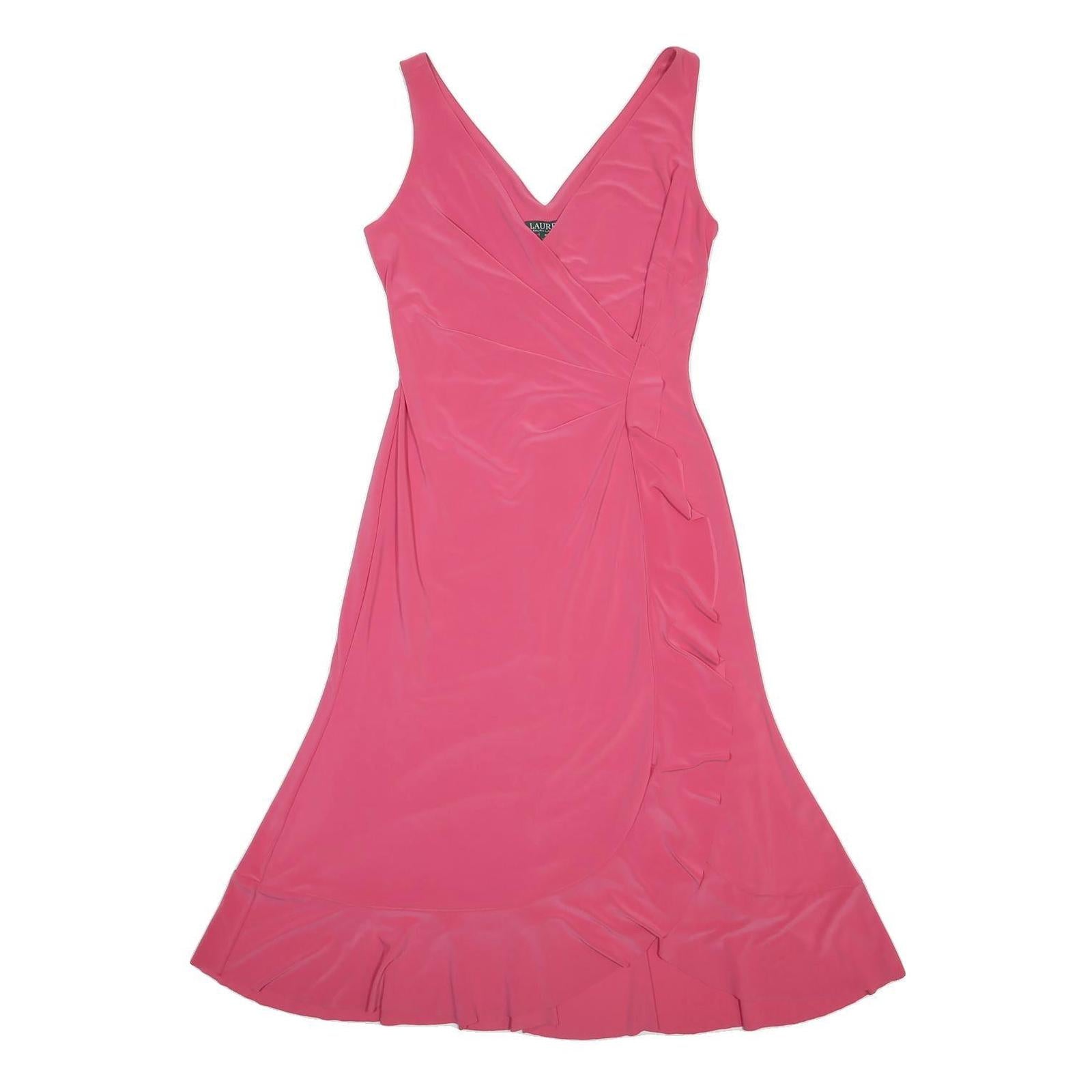 LAUREN RALPH LAUREN Womens Pink Wrap Dress Polyester Blend Midi Size M Ruffle