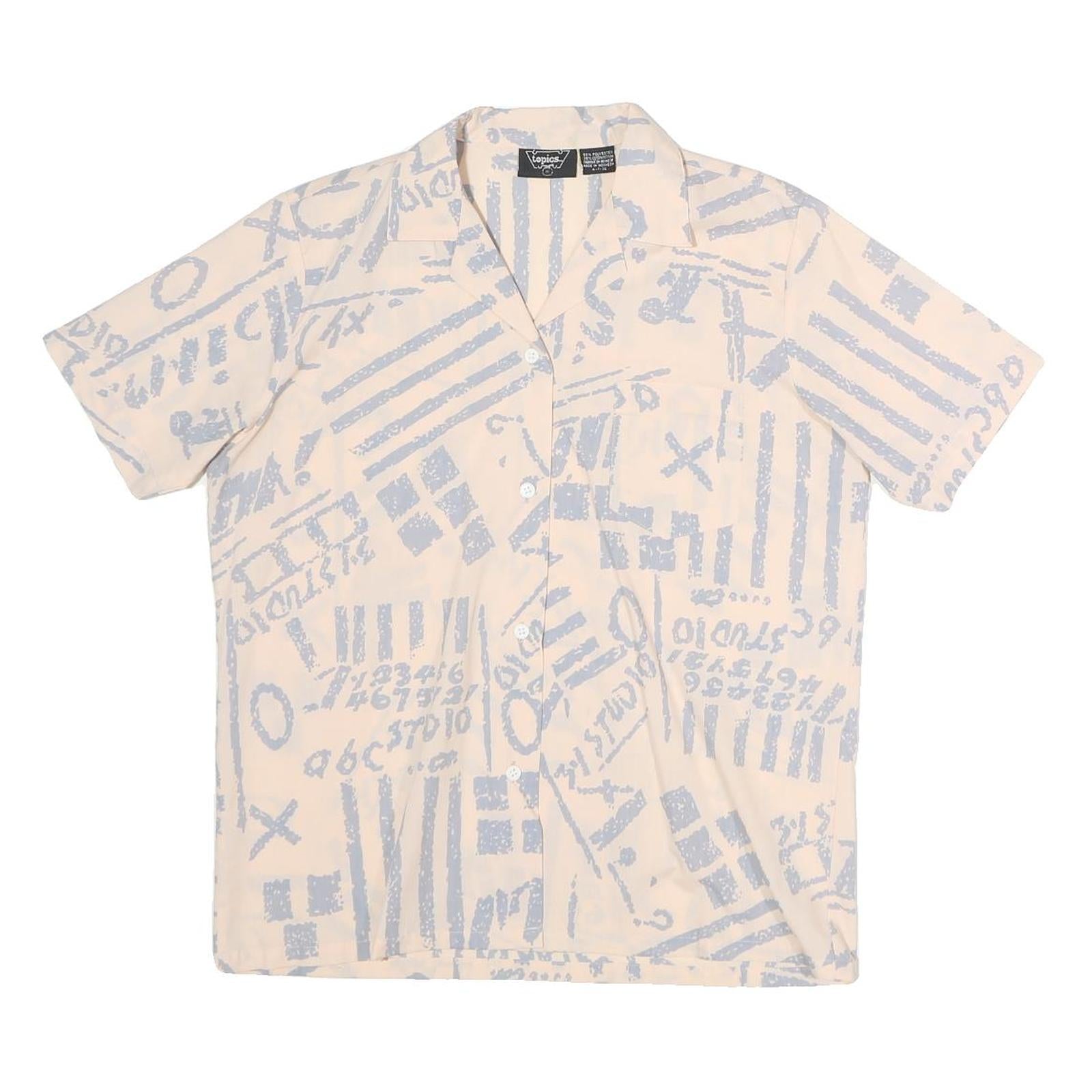 TOPICS Womens Cream & Light Blue Printed Shirt Short Sleeve Button Neck M Casual