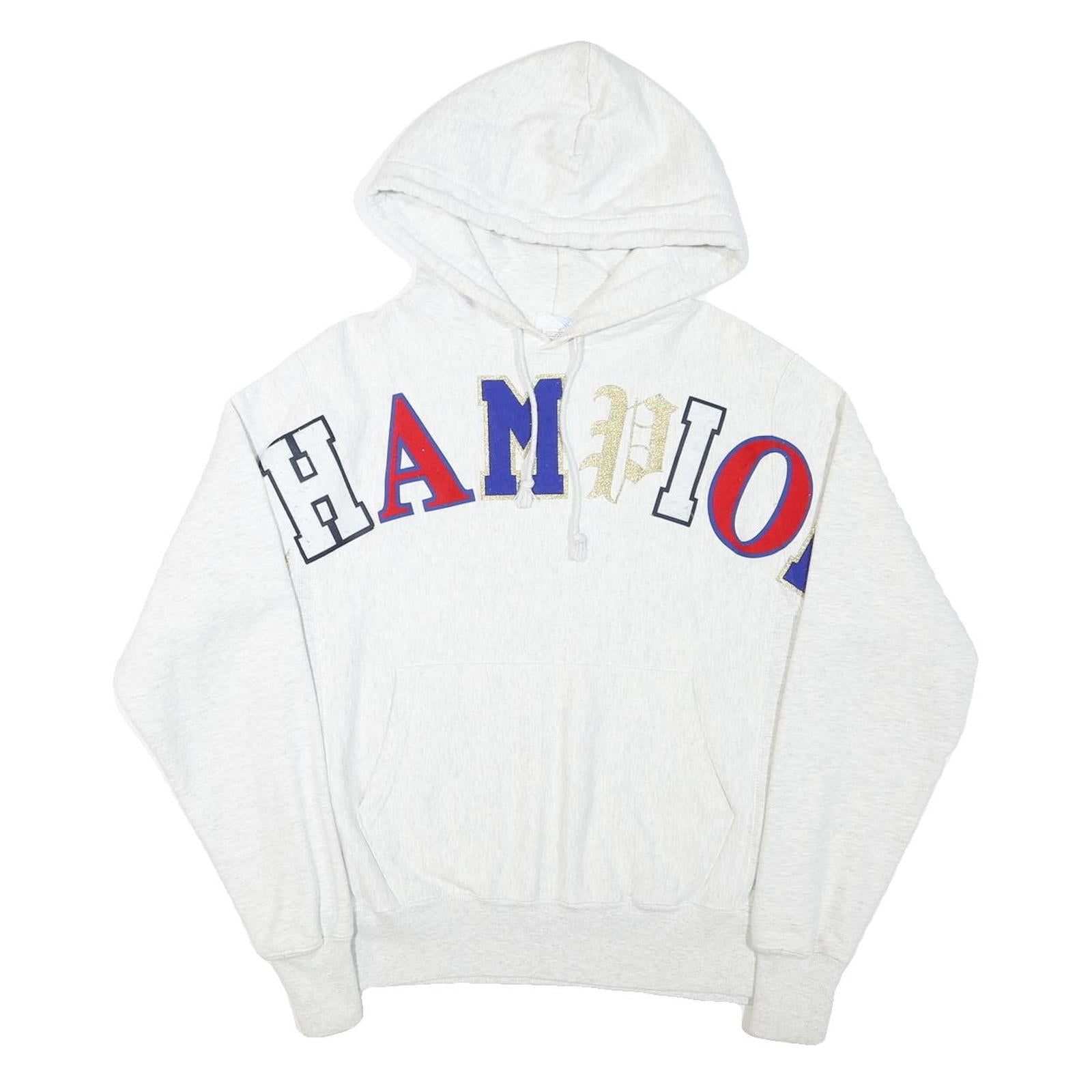 CHAMPION Mens White Multicolour Logo Hoodie S Cotton Blend Pullover Casual