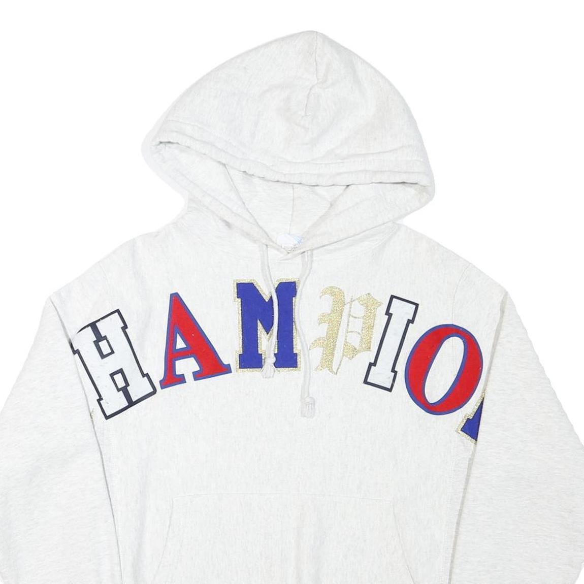 CHAMPION Mens White Multicolour Logo Hoodie S Cotton Blend Pullover Casual