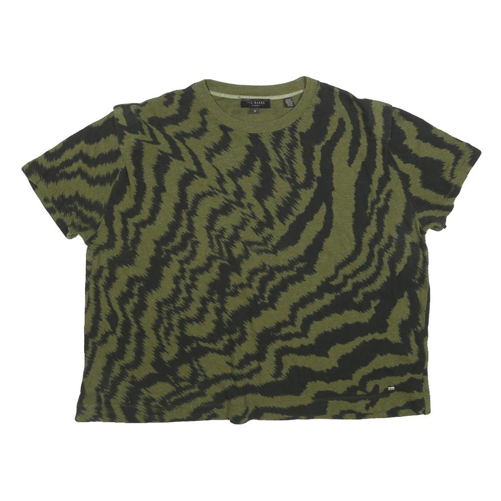 TED BAKER Womens Green & Black Printed T Shirt Short Sleeve Round Neck L Casual