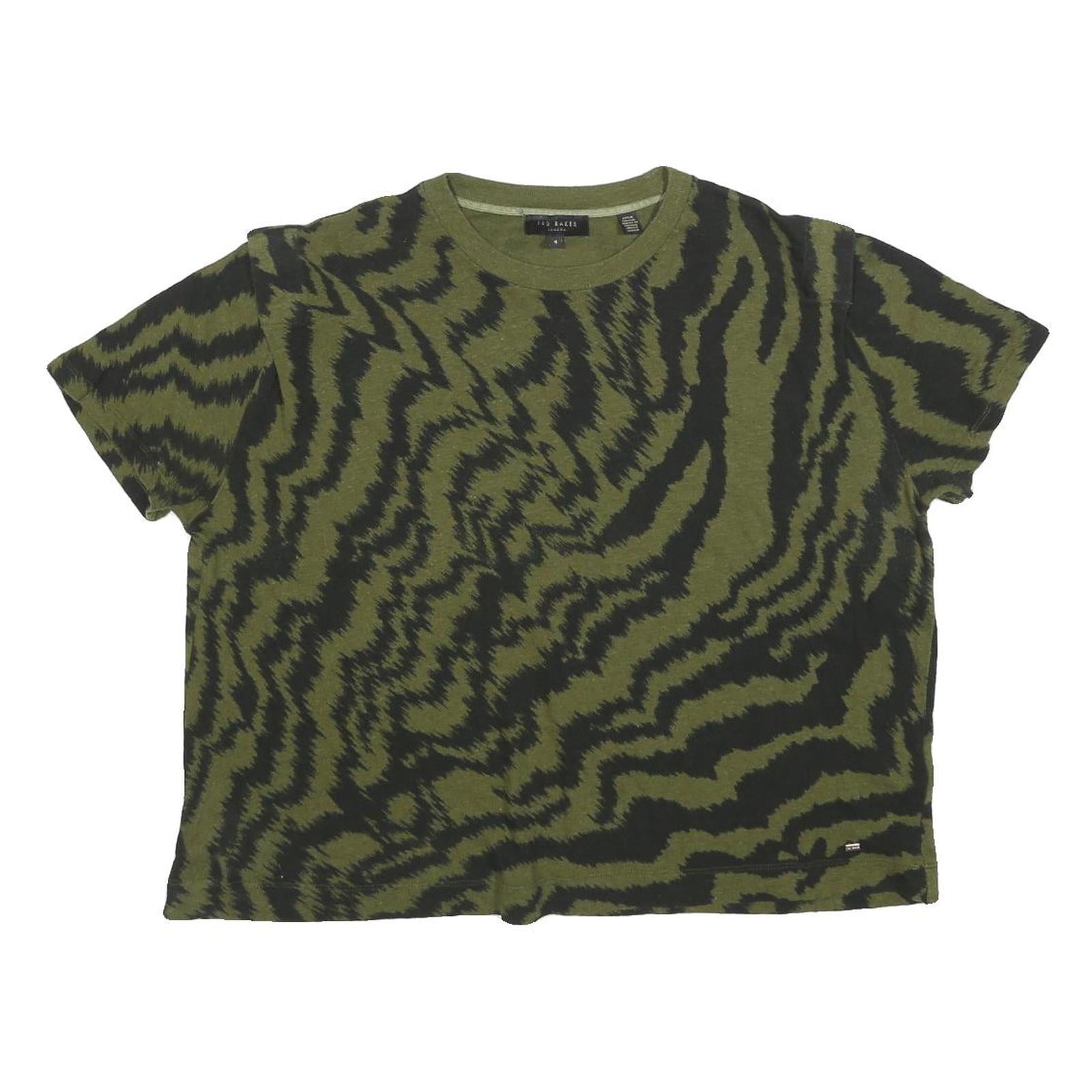 TED BAKER Womens Green & Black Printed T Shirt Short Sleeve Round Neck L Casual