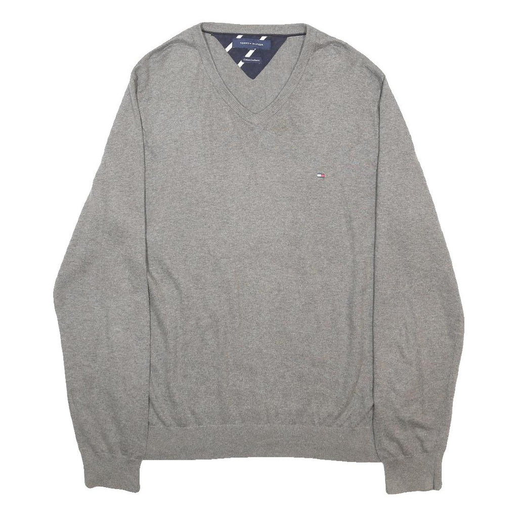 TOMMY HILFIGER Mens Grey Plain V-Neck Basic Knit Jumper L Cotton Blend Classic