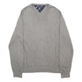 TOMMY HILFIGER Mens Grey Plain V-Neck Basic Knit Jumper L Cotton Blend Classic