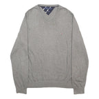 TOMMY HILFIGER Mens Grey Plain V-Neck Basic Knit Jumper L Cotton Blend Classic