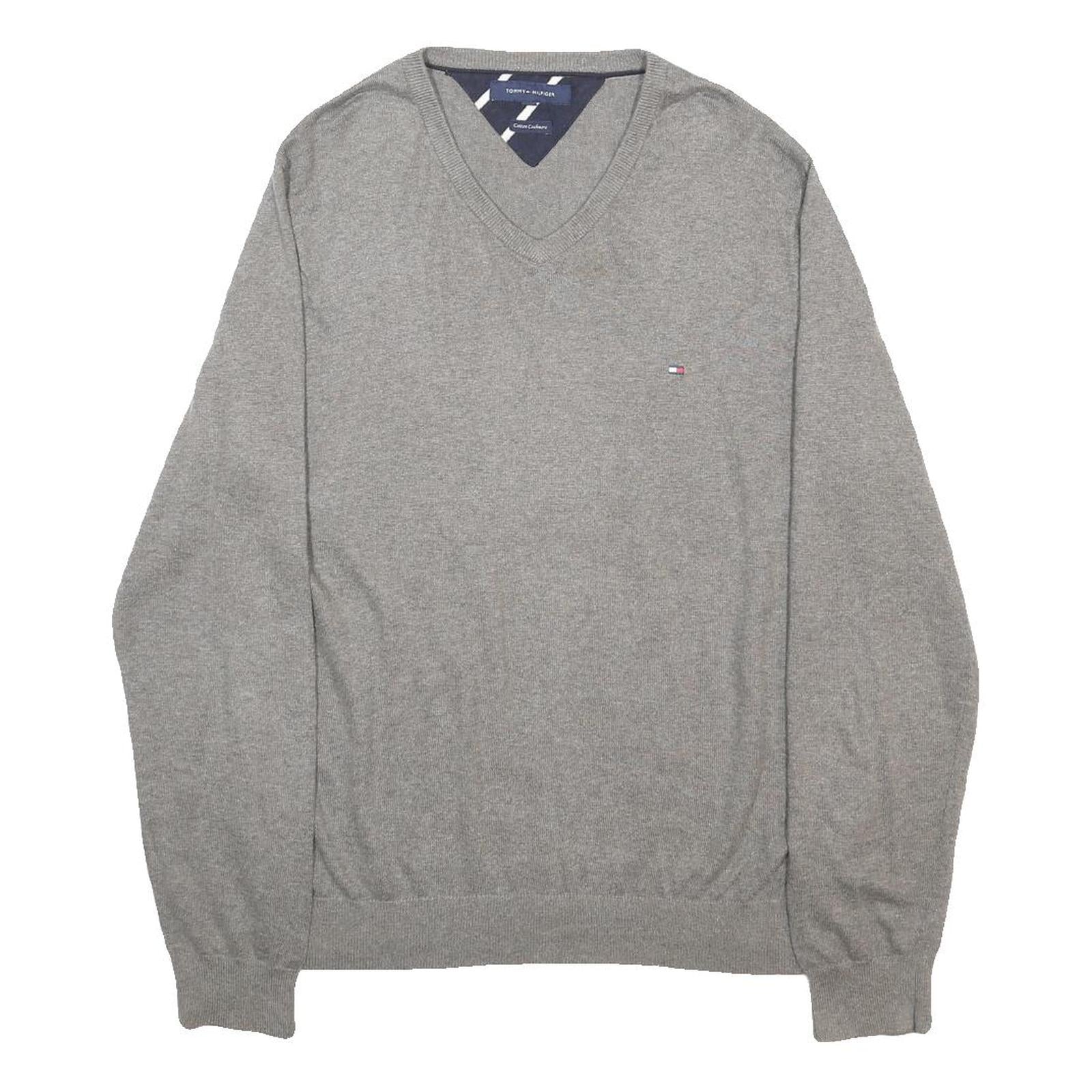 TOMMY HILFIGER Mens Grey Plain V-Neck Basic Knit Jumper L Cotton Blend Classic