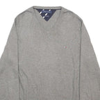 TOMMY HILFIGER Mens Grey Plain V-Neck Basic Knit Jumper L Cotton Blend Classic