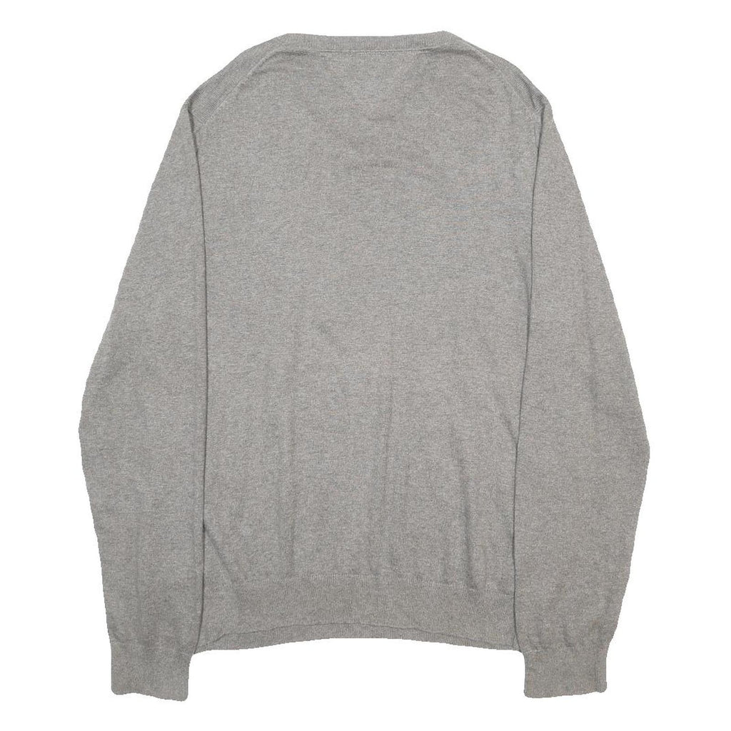TOMMY HILFIGER Mens Grey Plain V-Neck Basic Knit Jumper L Cotton Blend Classic