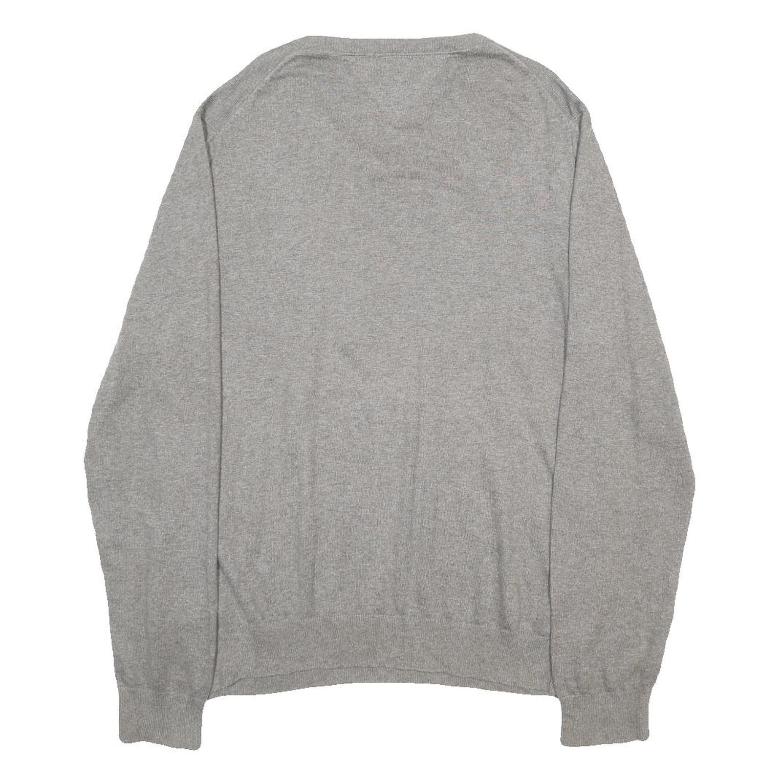 TOMMY HILFIGER Mens Grey Plain V-Neck Basic Knit Jumper L Cotton Blend Classic