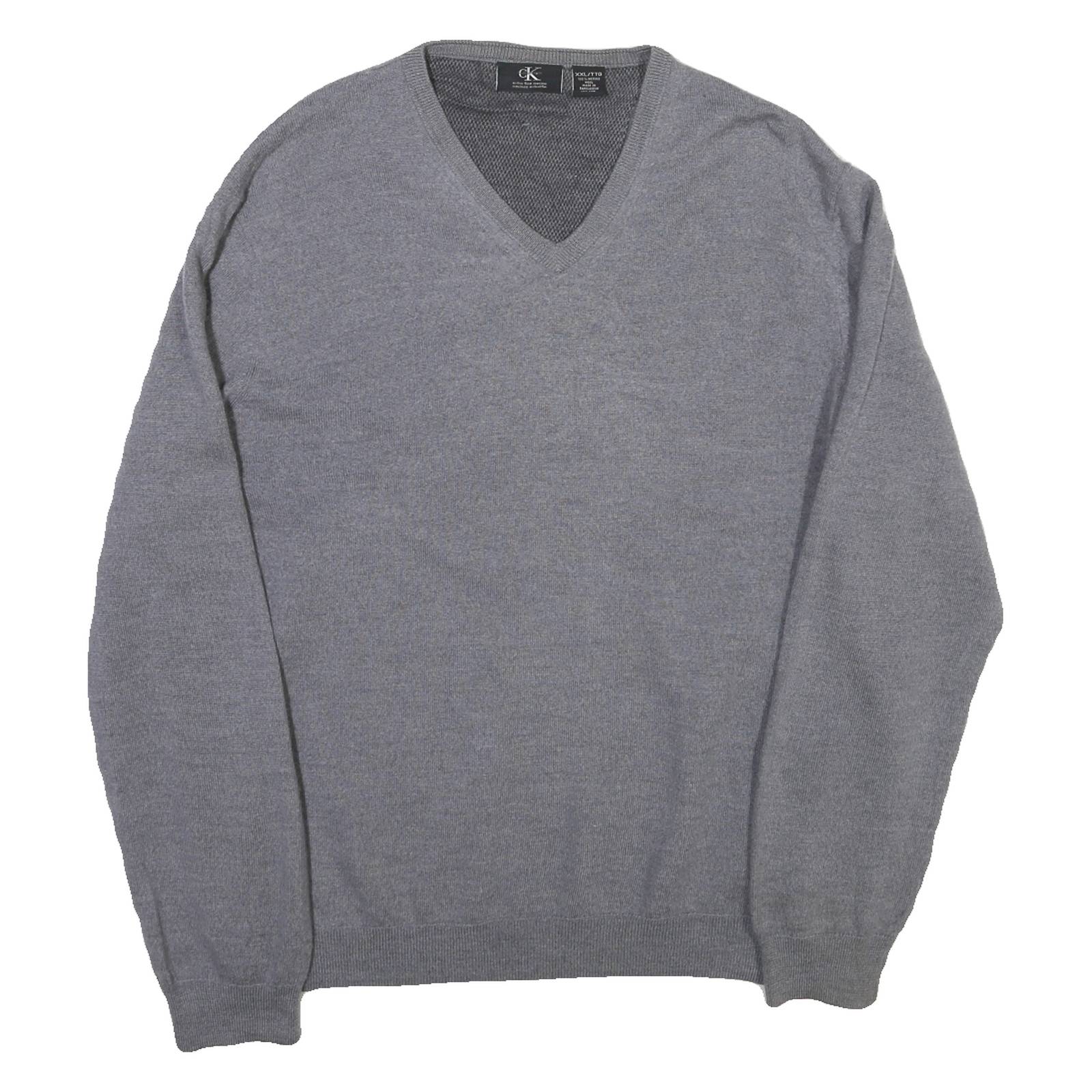 CALVIN KLEIN Mens Grey Plain Cotton Blend V-Neck Basic Knit Jumper 2XL Classic
