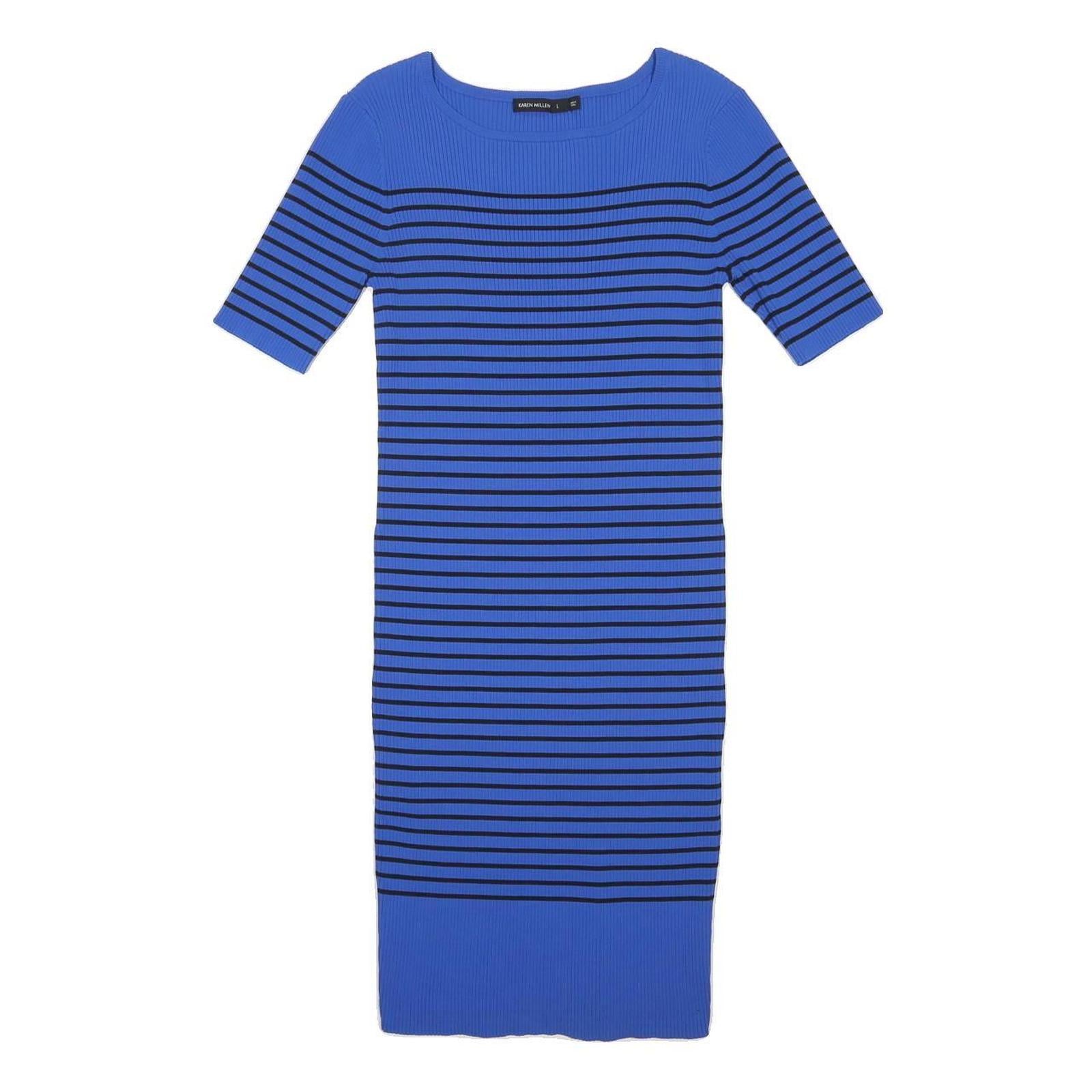 KAREN MILLEN Womens Blue & Black Striped Bodycon Knit Midi Dress L Stylish Fit