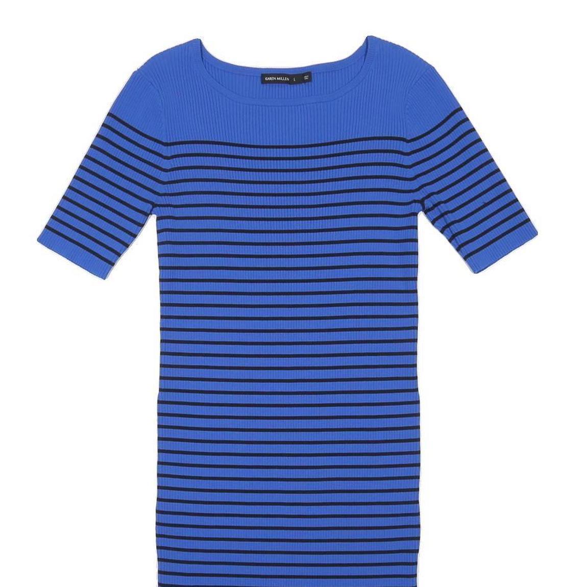 KAREN MILLEN Womens Blue & Black Striped Bodycon Knit Midi Dress L Stylish Fit