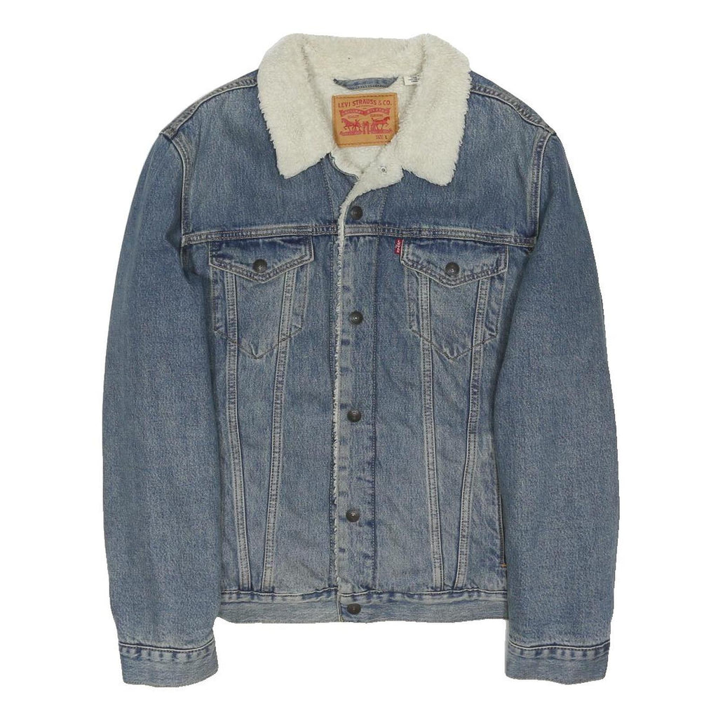 LEVI'S Mens Blue Denim Sherpa Collar Jacket L Cotton Blend Button Closure