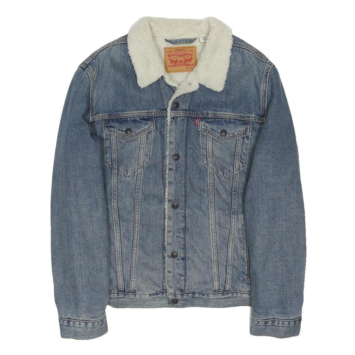 LEVI'S Mens Blue Denim Sherpa Collar Jacket L Cotton Blend Button Closure
