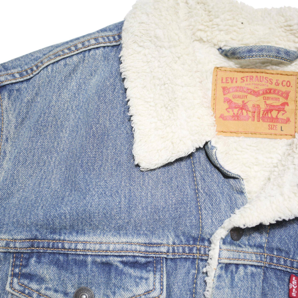 LEVI'S Mens Blue Denim Sherpa Collar Jacket L Cotton Blend Button Closure