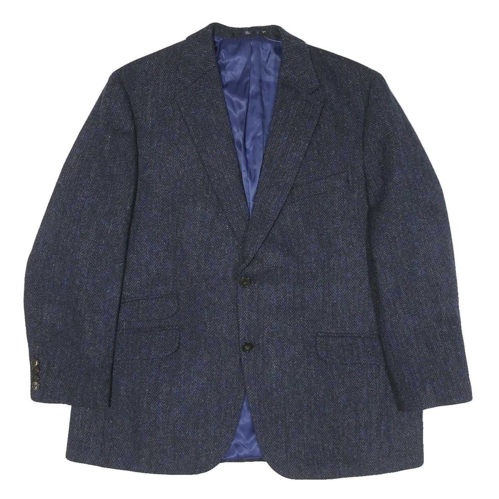 WELLINGTON Mens Blue Wool Button Jacket L Herringbone Classic Tailored